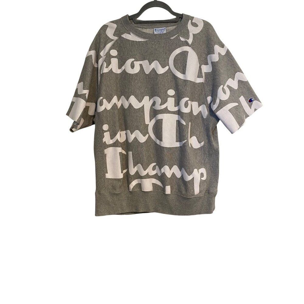 Champion Sweatshirt Unisex XL Gray Allover Logo Short Sleeve Oversized Pullover